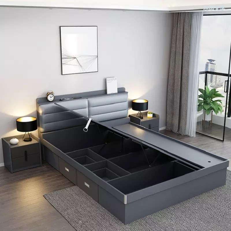 Muebles de dormitorio modernos, cama de almacenamiento multifunción, almacenamiento de madera maciza multifuncional, cama familiar suave de diseño